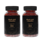 Two bottles of Black Girl Vitamins sugar free D3 gummies, mixed berry flavor, 60 gummies, 30 servings, dietary supplement