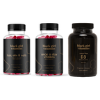 Three Black Girl Vitamins bottles: Hair, Skin & Nails (Strawberry Flavor, 60 gummies), Once a Day Vitamins (Strawberry Flavor, 60 gummies), Sugar Free D3 (Lemon Flavor, 60 gummies)
